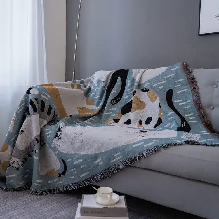 Cozy light blue decorbites cartoon cat throw blanket with playful cat breeds pattern on soft teal background for sofa cover