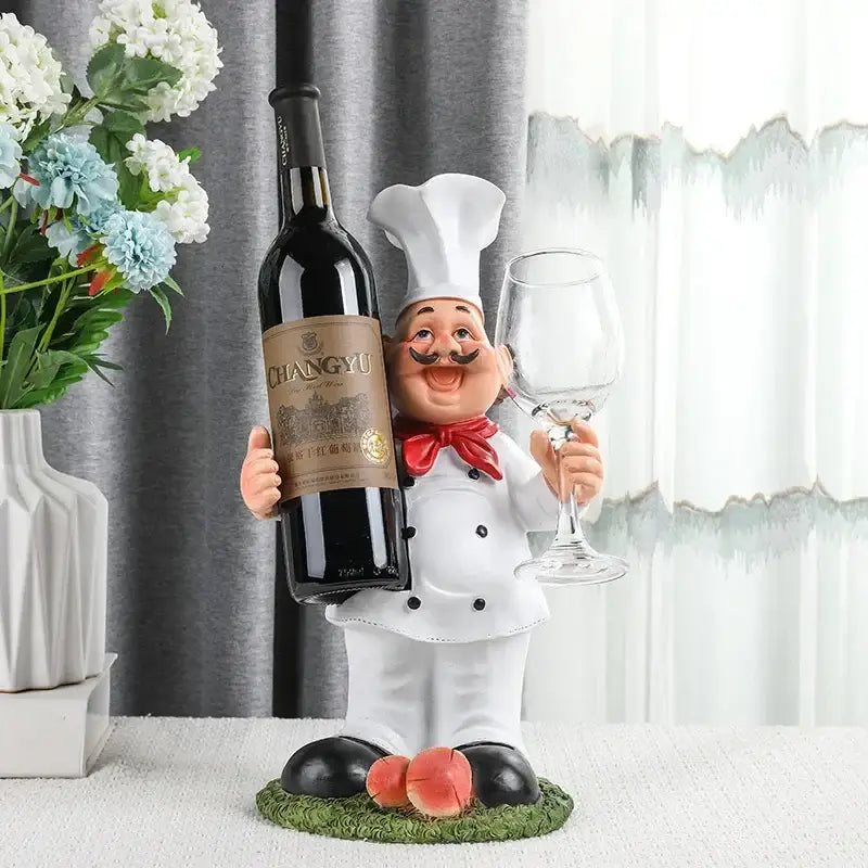 White resin cartoon chef wine rack holding changyu red wine bottle and glass for kitchen decorbites cartoon chef decor