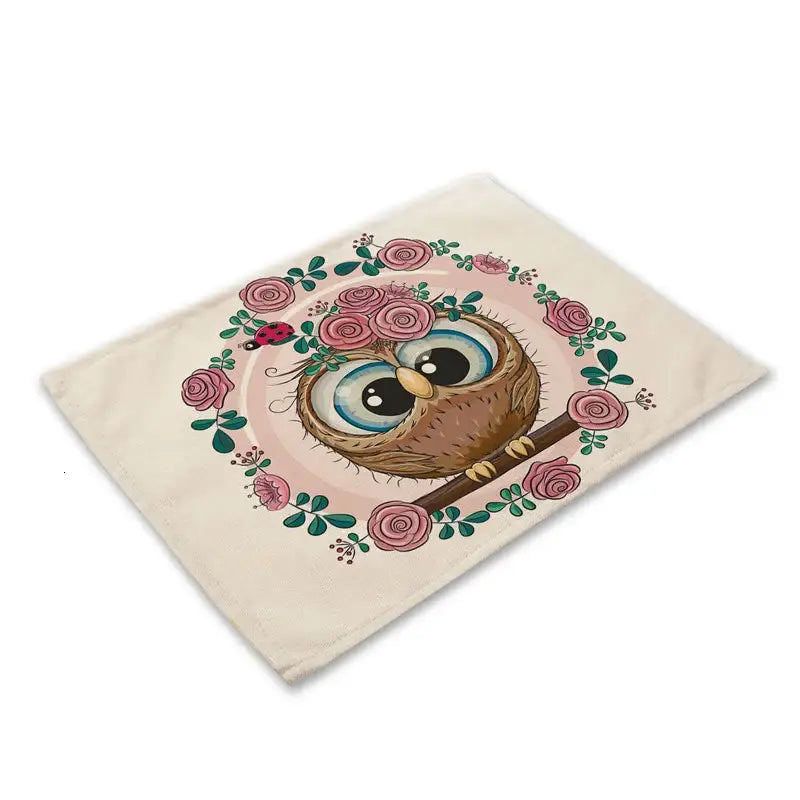 Cream-colored cotton dining table napkin with decorbites cute owl and pink roses from cute owl animal placemats set