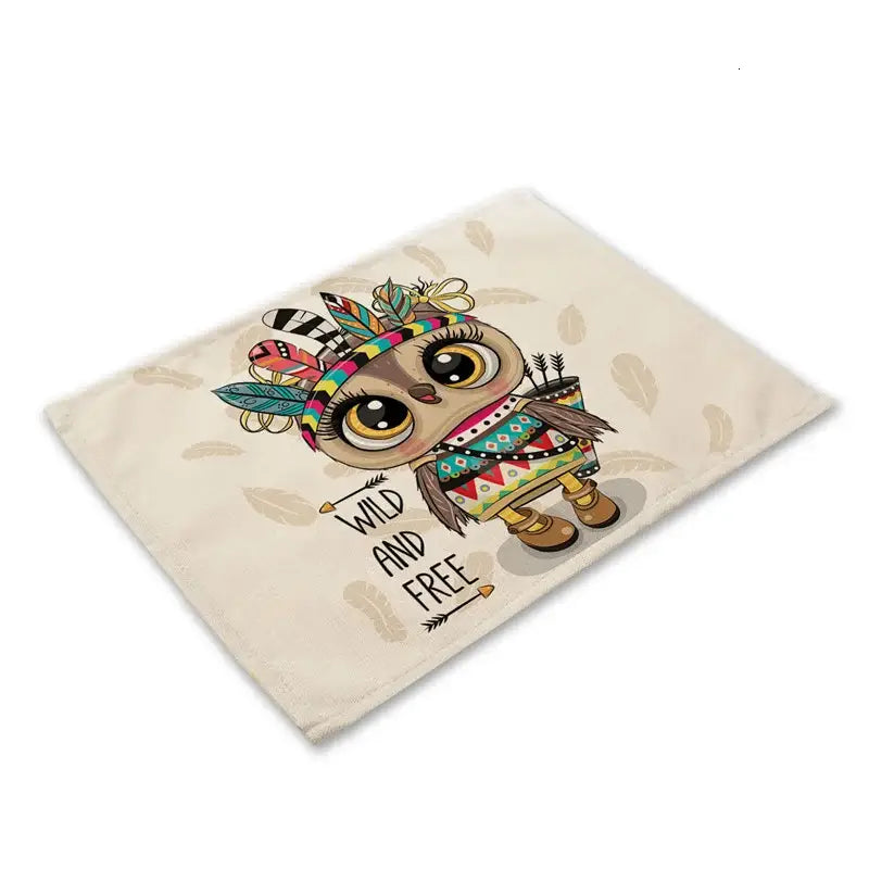 Cream-colored cotton cloth napkin with decorbites cute owl animal design and wild and free print for dining table use