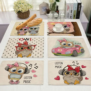 Set of six decorbites cute owl animal dining table placemats featuring colorful cartoon owls in playful designs