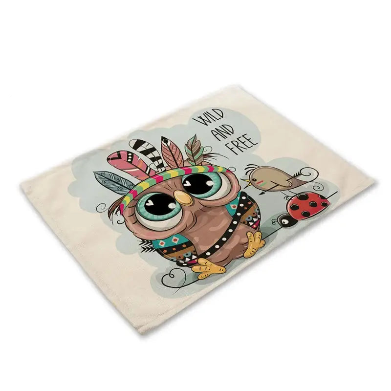 Cream-colored cotton throw blanket with decorbites cute owl and tribal patterns for dining table decor and mats set