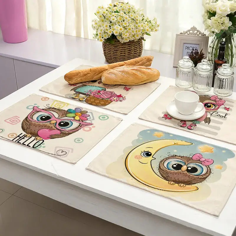 Set of 6 beige dining table placemats featuring decorbites cute owl animal designs with pink accessories and whimsical decor