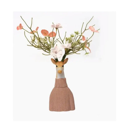 Pink knitted cartoon deer vase with white face brown antlers holding flowers beige orange resin living room decor