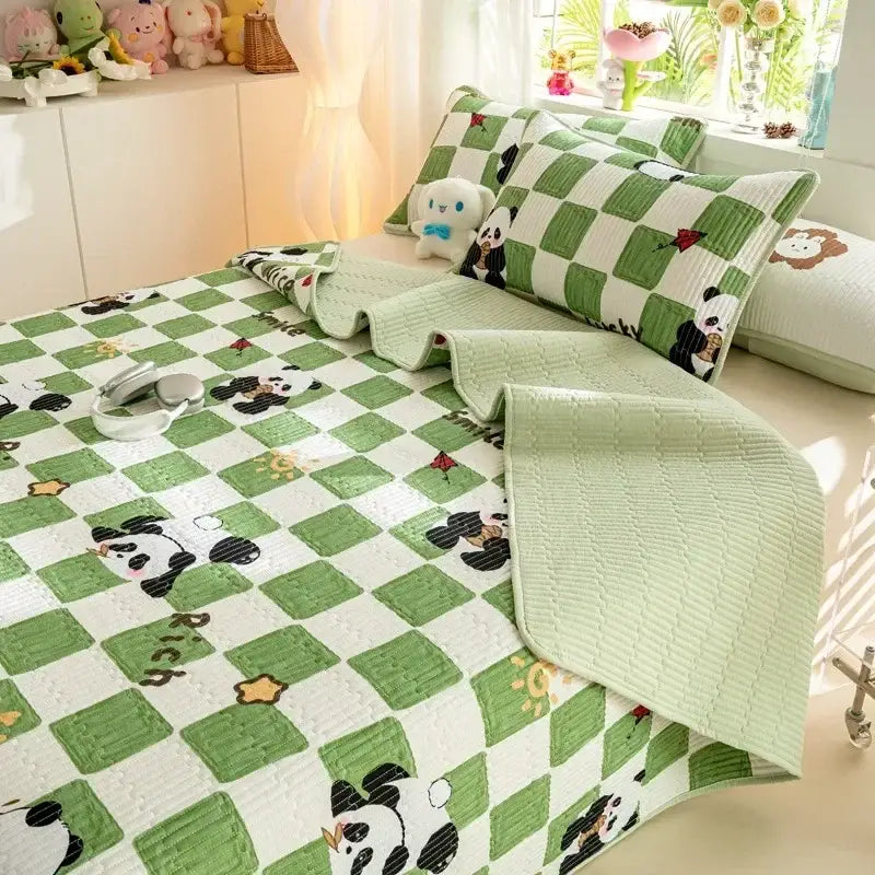Green and white checkered cotton bed cover set with cartoon panda designs for bedroom use