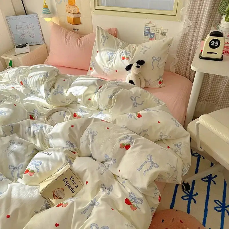 Cream-colored satin fitted sheet set with light blue bows and red cherries for cartoon dog and cupcake bedding