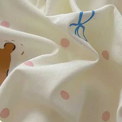 Soft white fitted sheet set with pink polka dots blue ribbon and cute brown bear face cotton bedroom bedding