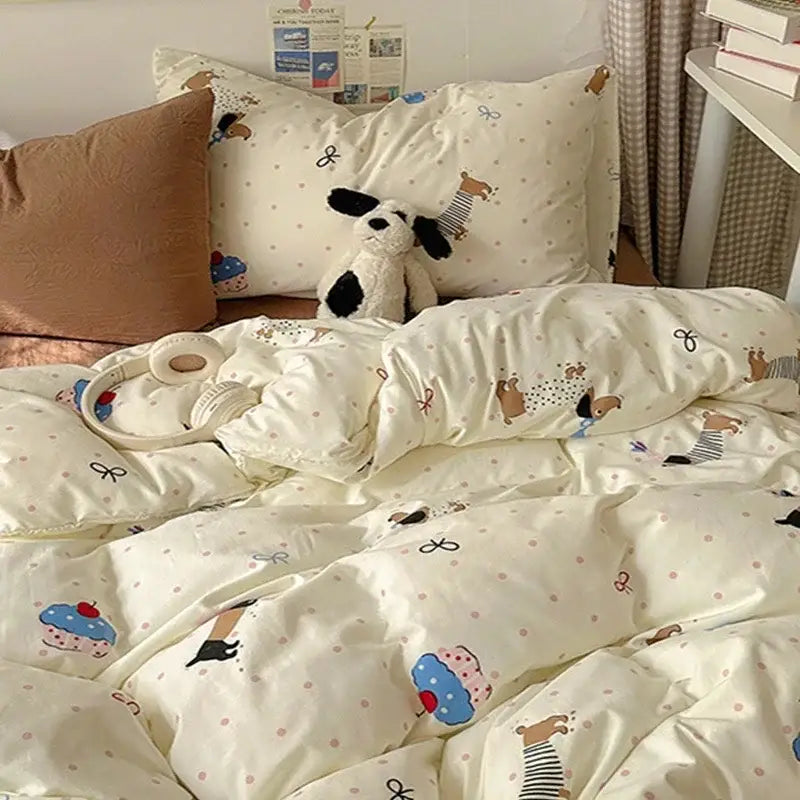 Cream cotton fitted sheet set with cartoon dog and cupcake design on soft satin-like fabric for bedroom bedding