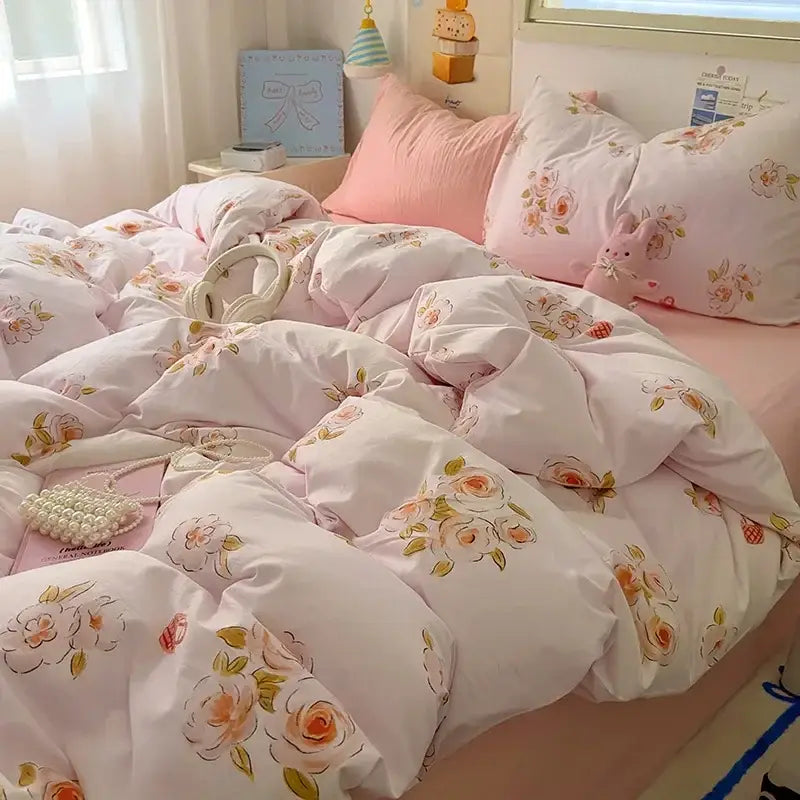 Pink floral comforter with plush texture and peachy-orange rose patterns paired with cartoon dog fitted sheet set