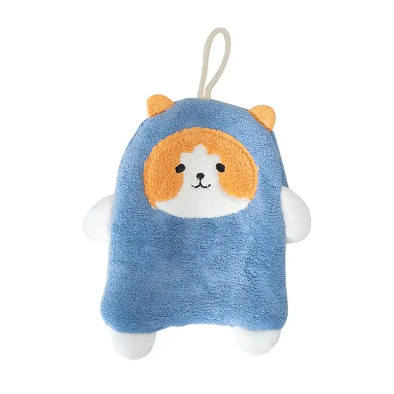 Blue plush coral velvet hand towel shaped like decorbites cartoon dog with orange and white facial features for bathroom use