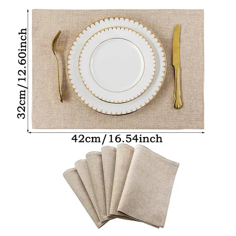 Beige cotton linen dining table mats with gold-trimmed scalloped edge and matching napkins in cartoon dog pattern set of 4