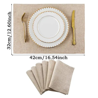 Beige cotton linen dining table mats with gold-trimmed scalloped edge and matching napkins in cartoon dog pattern set of 4