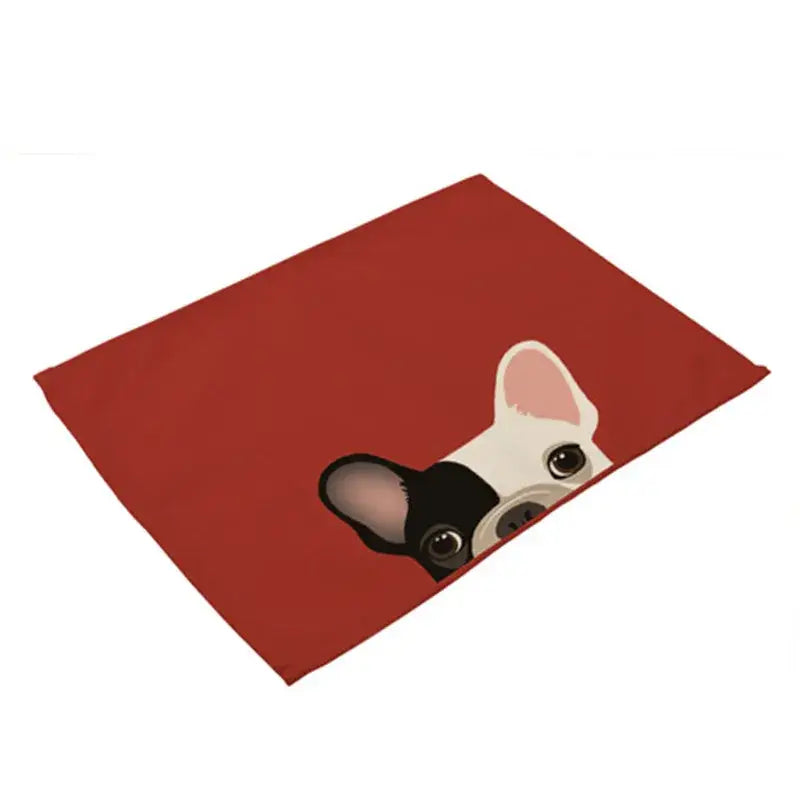 Red rectangular cotton linen dining table mats featuring a cartoon black and white french bulldog design set of 4