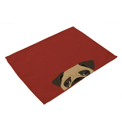Red rectangular cotton linen dining table mat featuring a cartoon pug design for dining table mats set of 4