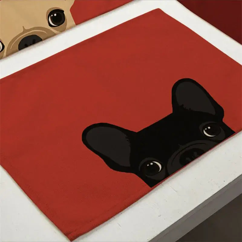 Red rectangular cotton linen table mat featuring a black french bulldog design for dining table mats set of 4