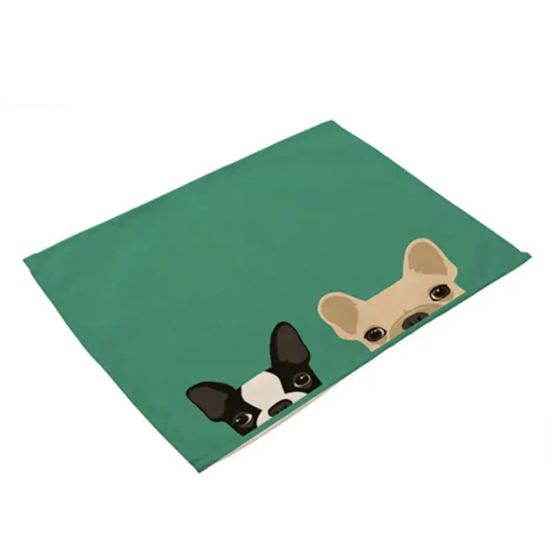 Teal cotton linen dining table mats featuring cartoon french bulldogs for a set of 4 dining table mats