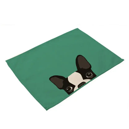 Teal cotton linen dining table mats featuring a cartoon black and white boston terrier peeking from the edge set of 4