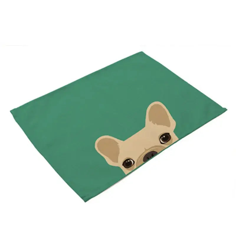 Teal cotton linen dining table mats featuring a cartoon light tan french bulldog peeking from the edge set of 4