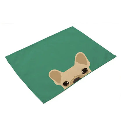 Teal cotton linen dining table mats featuring a cartoon light tan french bulldog peeking from the edge set of 4
