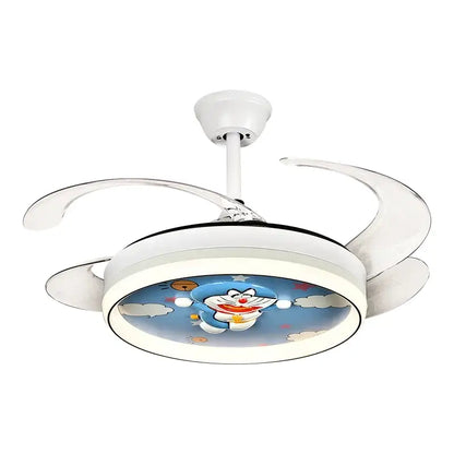 White ceiling fan light with integrated lighting and cartoon doraemon design for bedroom smart remote control use