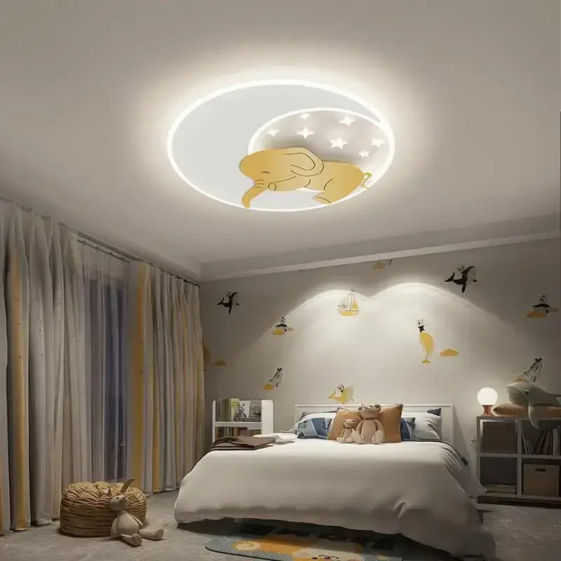 Circular ceiling light with yellow decorbites cartoon elephant and rabbit design against glowing white moon and stars for kids room