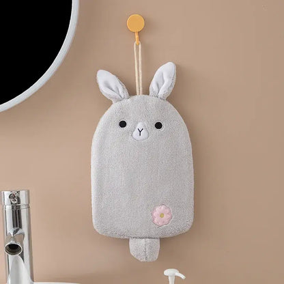 Gray bunny-shaped hand towel with soft terry cloth, embroidered eyes and nose, featuring pink flower patch by decorbites cartoon embroidery hanging design