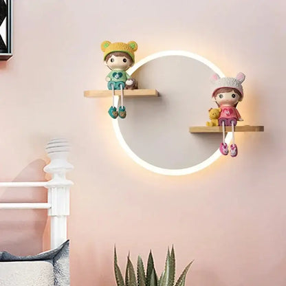 Cute cartoon figurines with knit hats sit on wooden shelves above a decorbites led wall lamp for bedroom decor