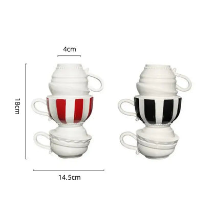 Stacked ceramic folding cups in red white and black white stripes with glossy finish for decorbites cartoon folding cup living room decor