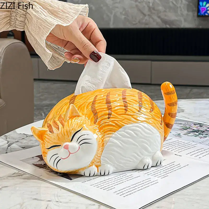 Ceramic tissue box shaped like a sleeping cartoon ginger cat with striped orange tabby decorbites cartoon ginger design