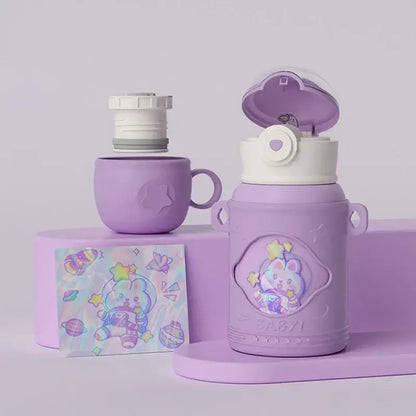 Purple silicone insulated thermal water bottle with white lid and embossed cartoon rabbit on stainless steel body
