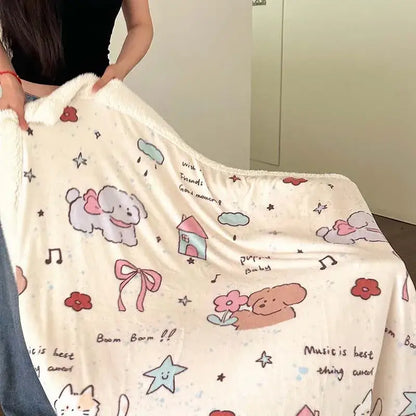 Cream-colored decorbites cartoon lamb wool blanket with soft plush texture and playful pastel dog and floral design