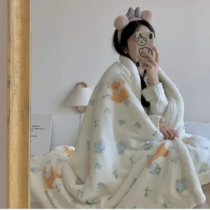 Soft white plush cartoon lamb wool blanket with embroidered orange bears and blue floral decorbites lamb wool blanket