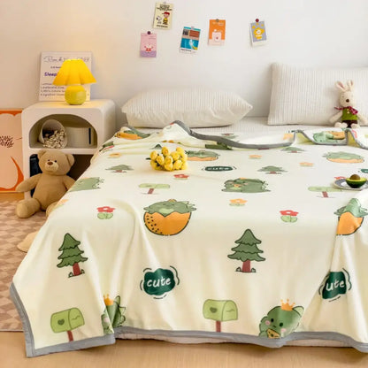 Cream-colored cartoon milk velvet milk velvet blanket with green trees orange fruit characters and teal speech bubbles decorbites cartoon milk