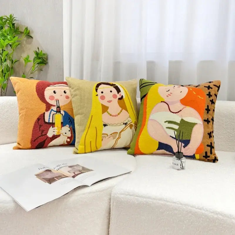 Three colorful embroidered throw pillows with cartoon oil painting embroidery decorbites cartoon oil design for living room decor