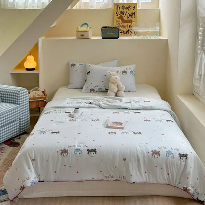 White quilt cartoon patchwork summer blanket with playful decorbites cartoon patchwork characters and smile life print