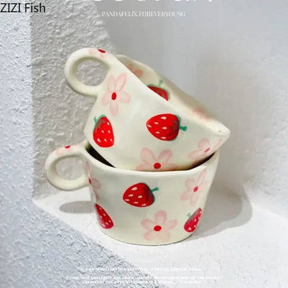 White ceramic cartoon pattern ceramic coffee mug with hand-painted red strawberries and pink flowers for kitchen decorbites