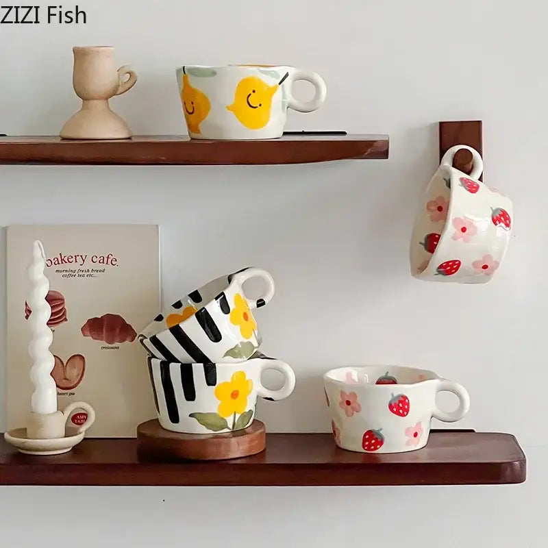 White ceramic mugs with decorbites cartoon pattern featuring yellow chicks and strawberry design for kitchen tea use