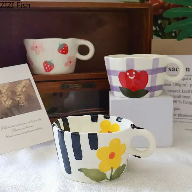White ceramic mug with black vertical stripes and yellow flowers from decorbites cartoon pattern ceramic mug set