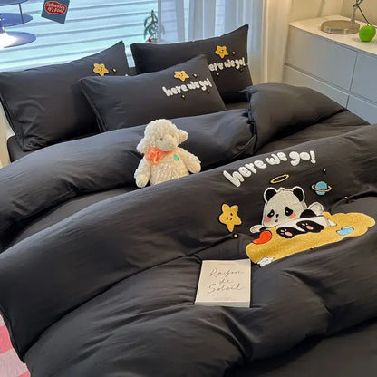 Black bedding sets with cartoon pattern embroidered panda stars and planets featuring yellow star appliqués and white lettering