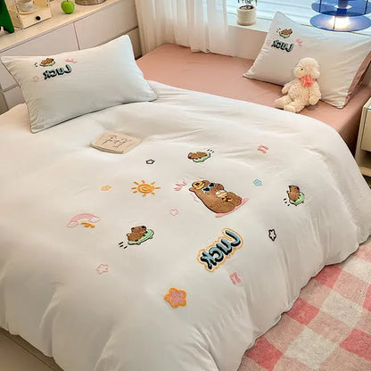 White bedding sets with pastel embroidered cartoon bears suns and stars featuring decorbites cartoon pattern design
