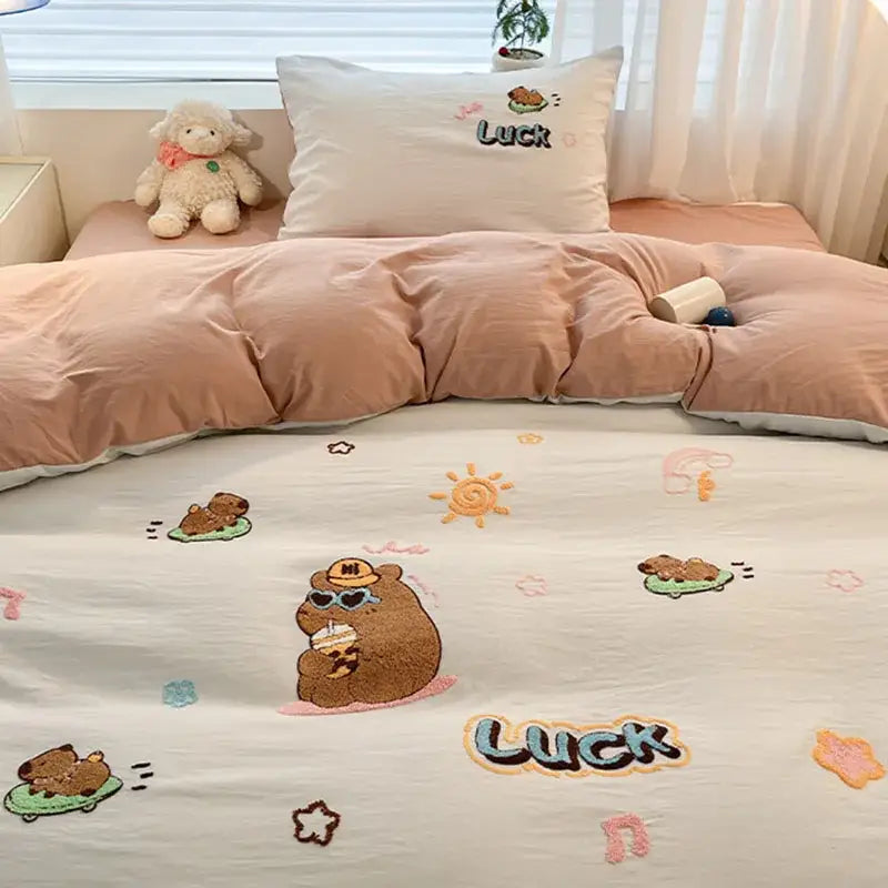 Cozy cream bedding sets with cartoon pattern embroidered bears suns and luck for decorbites cartoon pattern decor