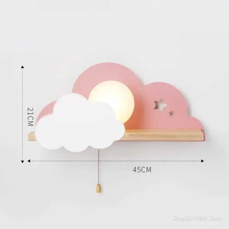 Pink and white cloud moon wall lamp with wooden shelf star cutouts and pull switch by decorbites cloud moon
