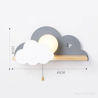 Gray and white cloud moon wall lamp with wooden shelf, cut-out stars, and pull switch by decorbites cloud moon wall