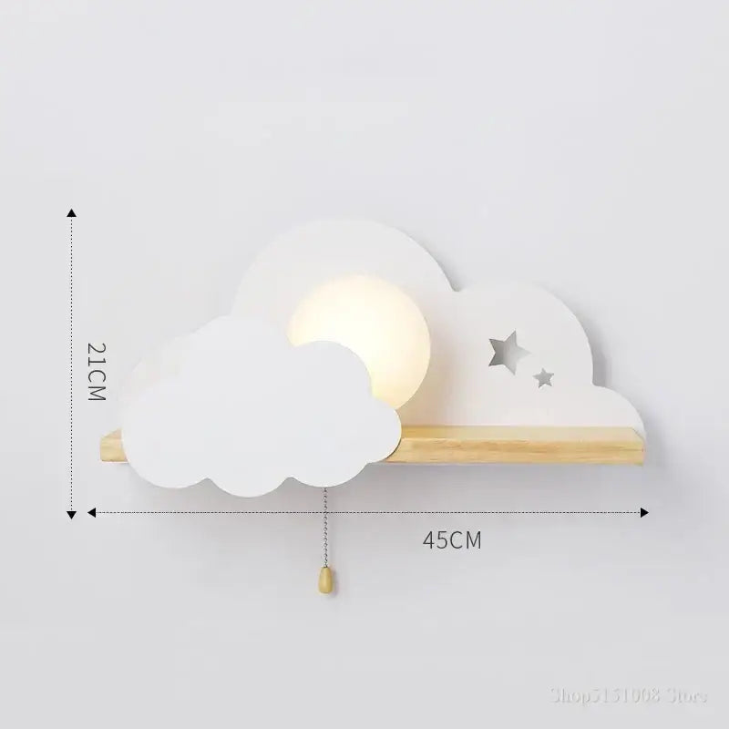 Cartoon peach and white cloud moon wall lamp with wooden shelf and silver star cutouts decorbites cloud moon wall lamp