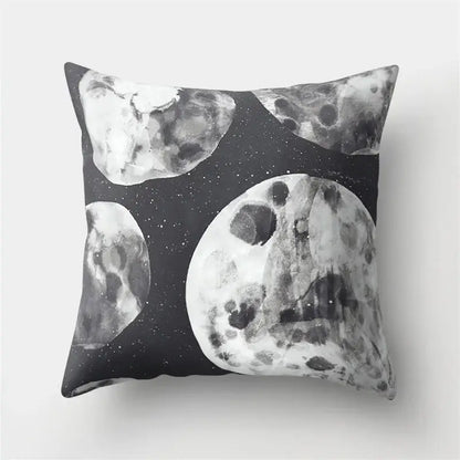 Black and white pillow case with cosmic cartoon planet astronaut design featuring moons for decorbites bedroom decor