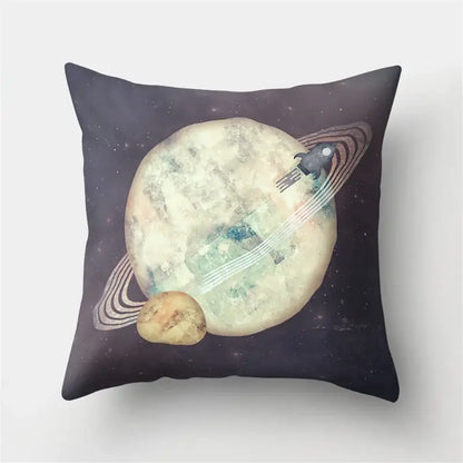 Square throw pillow case with decorbites cartoon planet astronaut design featuring a pale planet and rocket ship decor