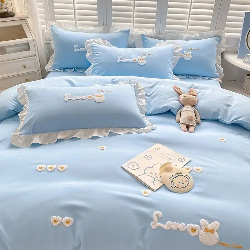 Light blue bedding set with ruffled edges and embroidered white bunny motifs decorbites cartoon princess design