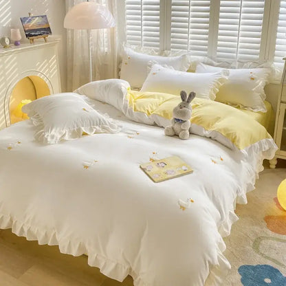 White and yellow ruffled bedding set with embroidered duck motifs for decorbites cartoon princess bedroom decor