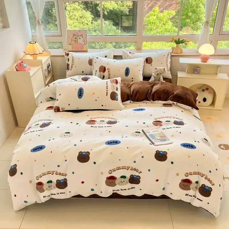 White cotton duvet cover bedding set with cartoon print brown bear illustrations and colorful polka dots decorbites cartoon print