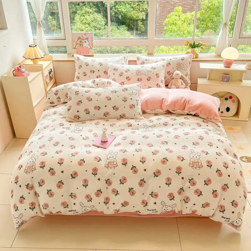 Pastel pink and cream cotton bedding set with cartoon print bunny illustrations for decorbites cartoon print bedroom decor